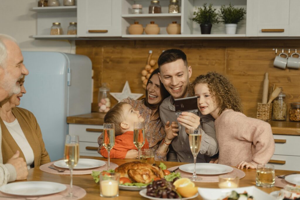 A family having dinner and having fun